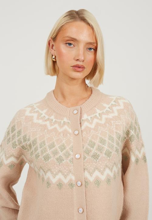 Brave Soul - Fairisle Yok Cardi With Pearl Buttons - Blush/Ivory/Gold