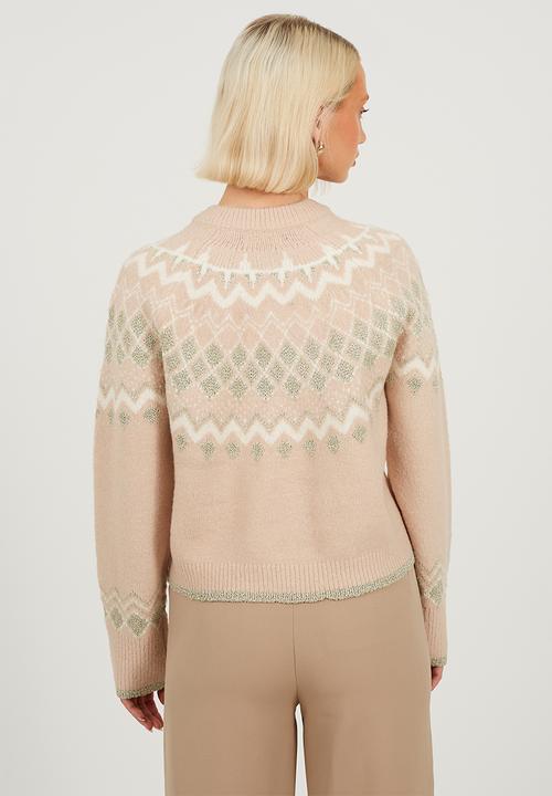 Brave Soul - Fairisle Yok Cardi With Pearl Buttons - Blush/Ivory/Gold