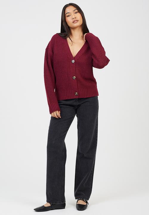 Brave Soul - Fisherman Rib Knit CardiWith V-Neck - Wine