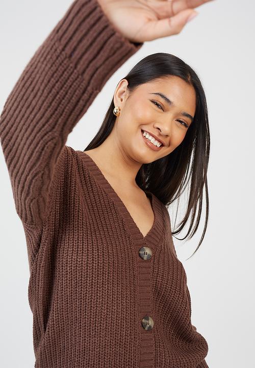 Brave Soul - Fisherman Rib Knit CardiWith V-Neck - Brown