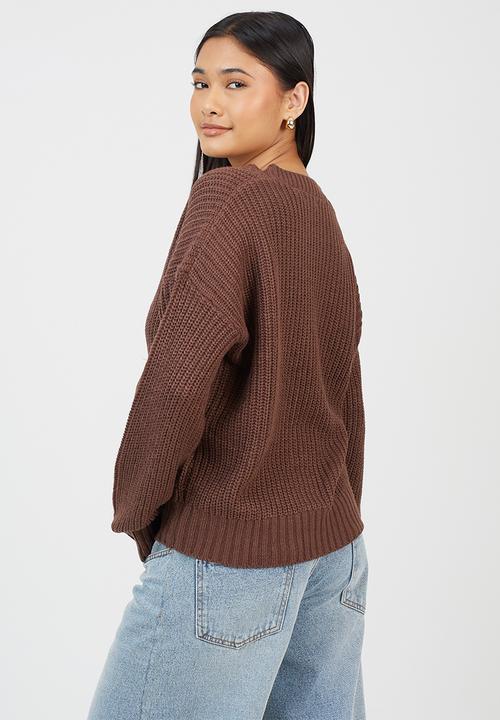 Brave Soul - Fisherman Rib Knit CardiWith V-Neck - Brown