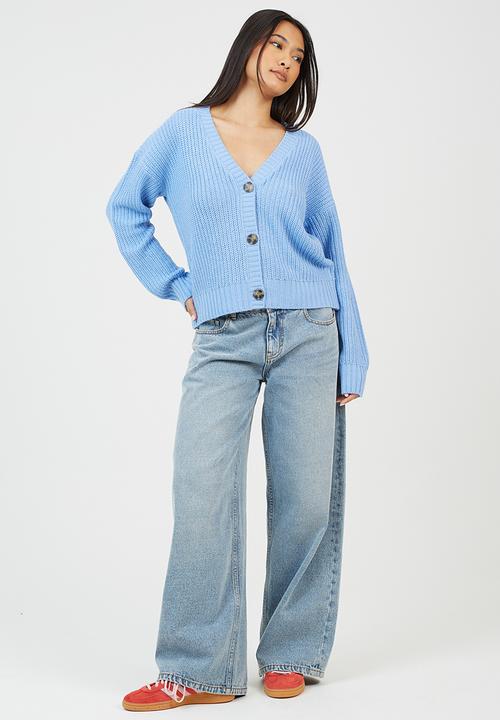 Brave Soul - Fisherman Rib Knit CardiWith V-Neck - Blue