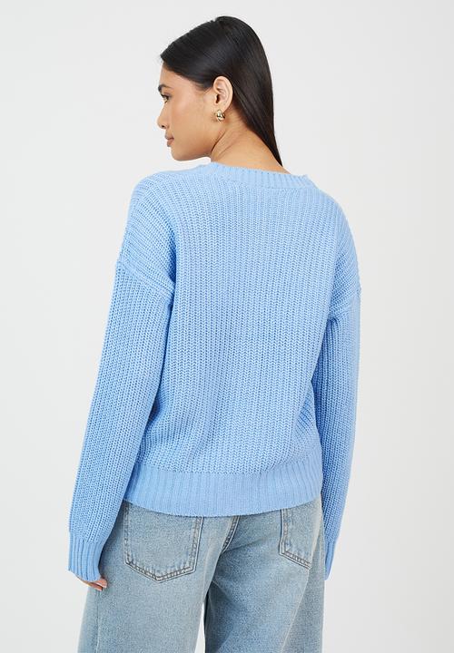 Brave Soul - Fisherman Rib Knit CardiWith V-Neck - Blue