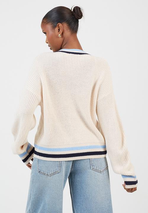 Brave Soul - Fisherman Button Through Cardi - Oatmeal/Blue/Navy