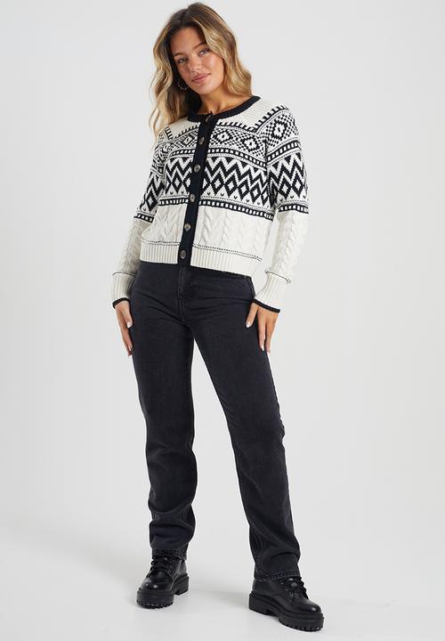 Brave Soul - Button Through Fairisle And Cable Mix Cardi - Cream/Black