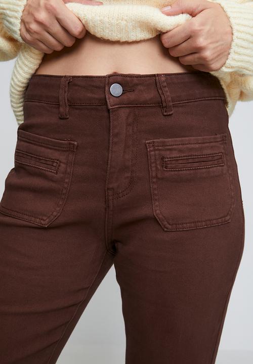 MANDI - Mid Waist Pat H Pocket Kick Flare Wide Leg - Chocolate