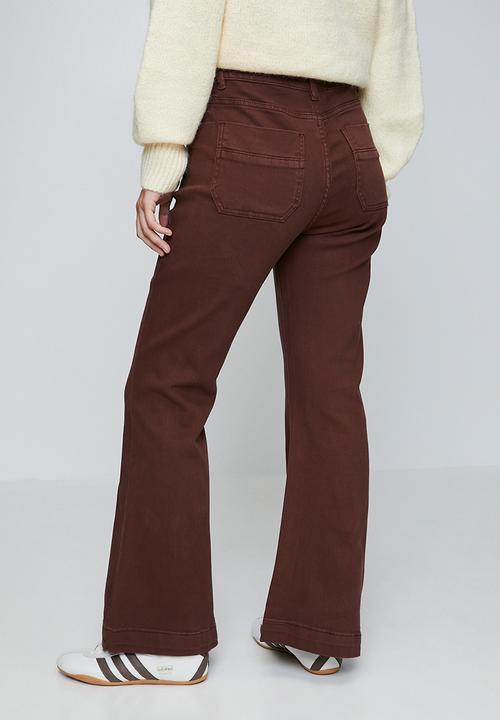 MANDI - Mid Waist Pat H Pocket Kick Flare Wide Leg - Chocolate