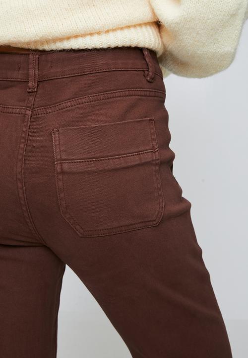 MANDI - Mid Waist Pat H Pocket Kick Flare Wide Leg - Chocolate