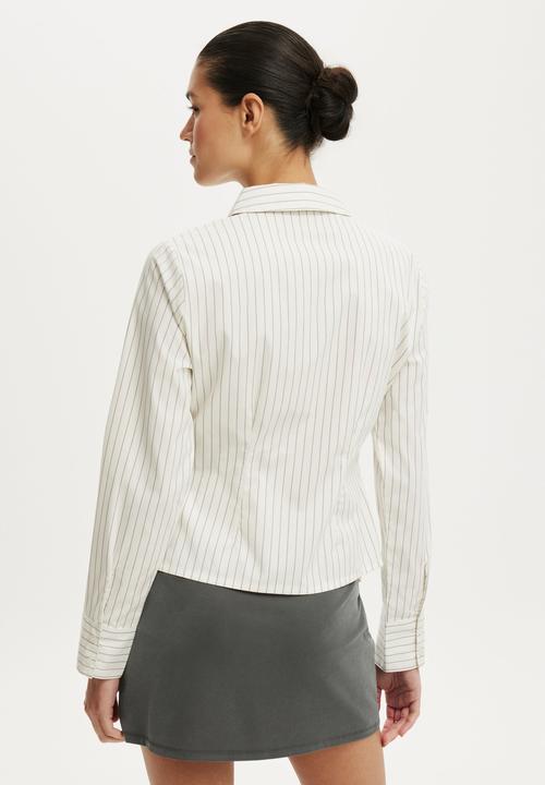Cotton On - Peyton gathered long sleeve shirt - grey pinstripe