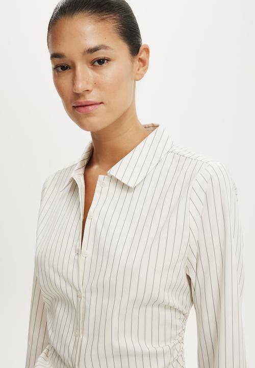 Cotton On - Peyton gathered long sleeve shirt - grey pinstripe