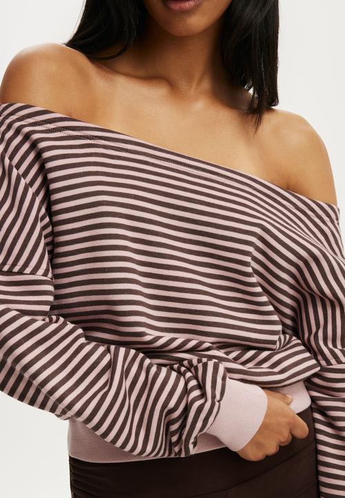 Cotton On - Relaxed Off Shoulder Sweatshirt - cloud blush/dark oak stripe