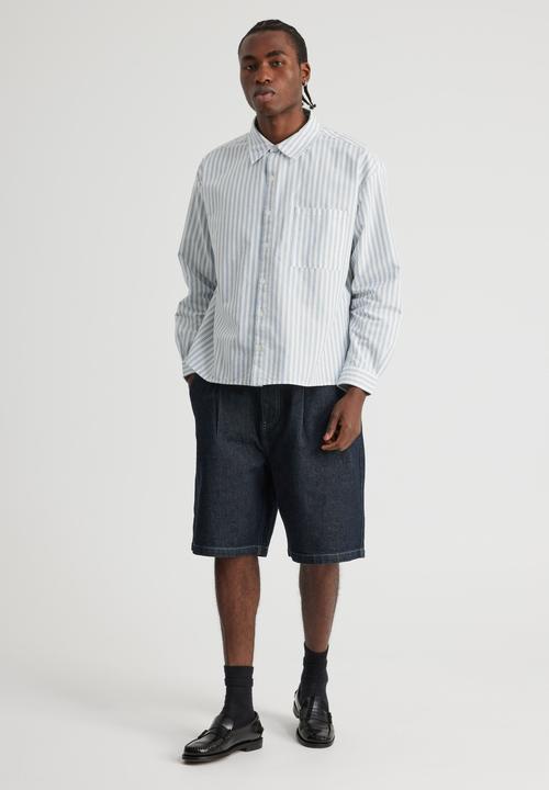Factorie - Authentics Boxy Cropped Long Sleeve Shirt - Blue White Pinstripe