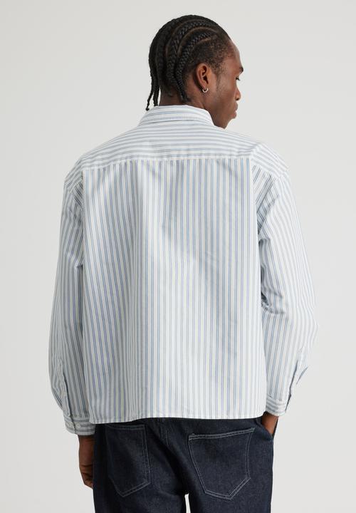 Factorie - Authentics Boxy Cropped Long Sleeve Shirt - Blue White Pinstripe
