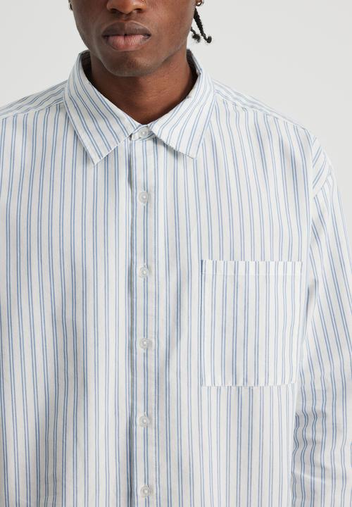 Factorie - Authentics Boxy Cropped Long Sleeve Shirt - Blue White Pinstripe