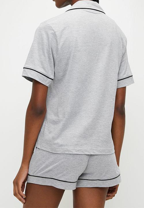 Blake - Knit button down sleep set - grey mel with white piping
