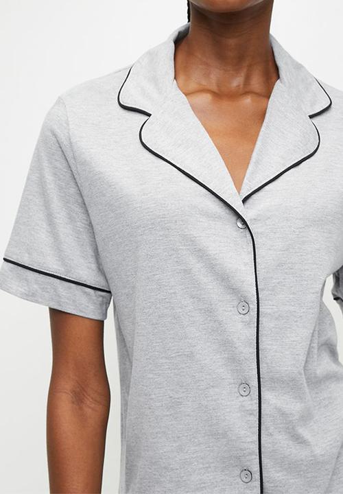 Blake - Knit button down sleep set - grey mel with white piping