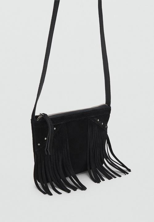 MANGO - Leather fringes bag- black
