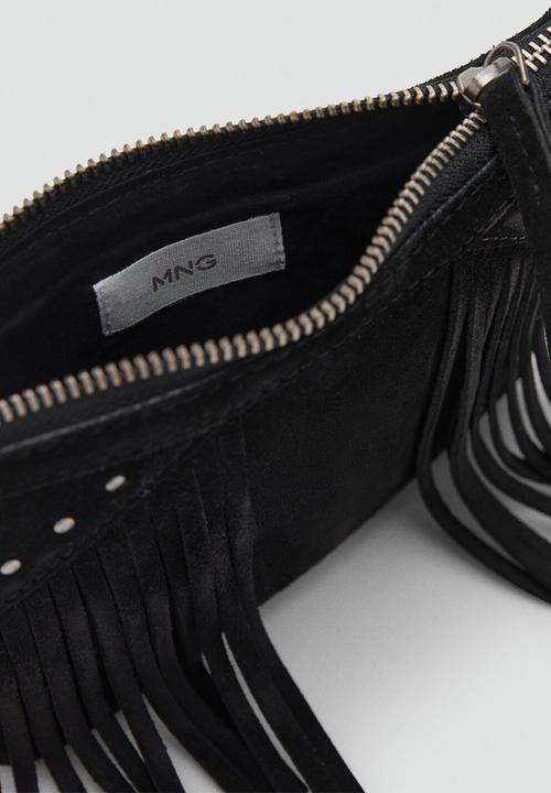 MANGO - Leather fringes bag- black