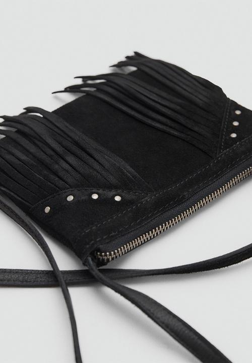MANGO - Leather fringes bag- black