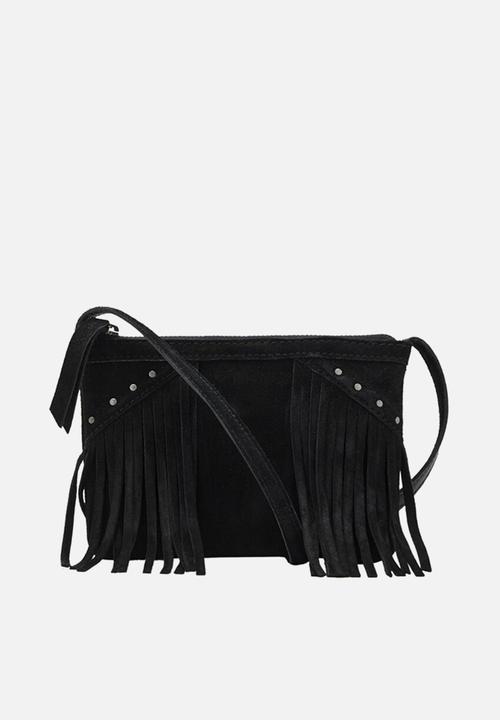 MANGO - Leather fringes bag- black