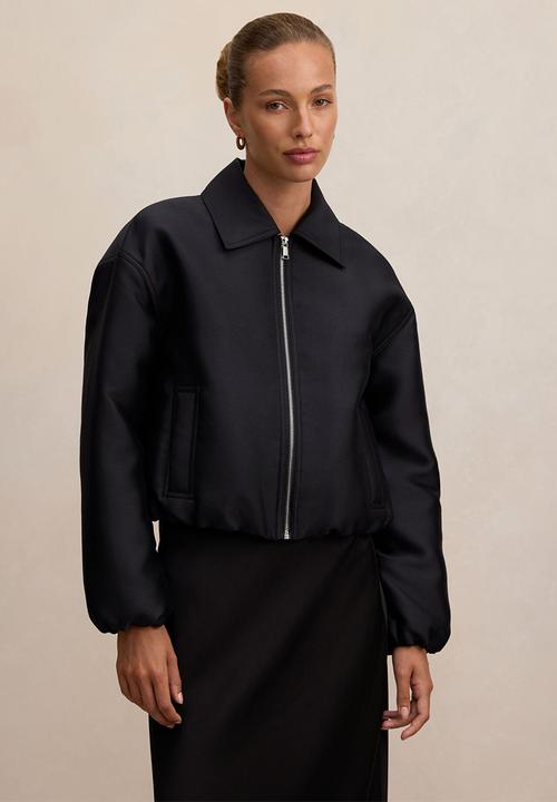 Everly satin bomber jacket in black