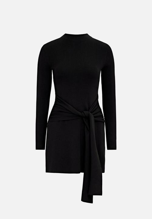 chinese dress ladies Madame Full Sleeve Tie Waist Black Knit Dress