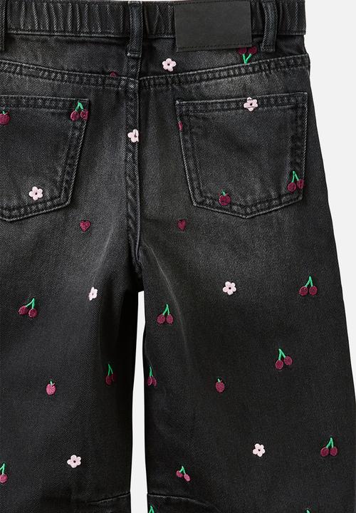 Cotton On - Unisex Barrel Leg Denim Jean - Balmoral Black/Embroidered Shapes