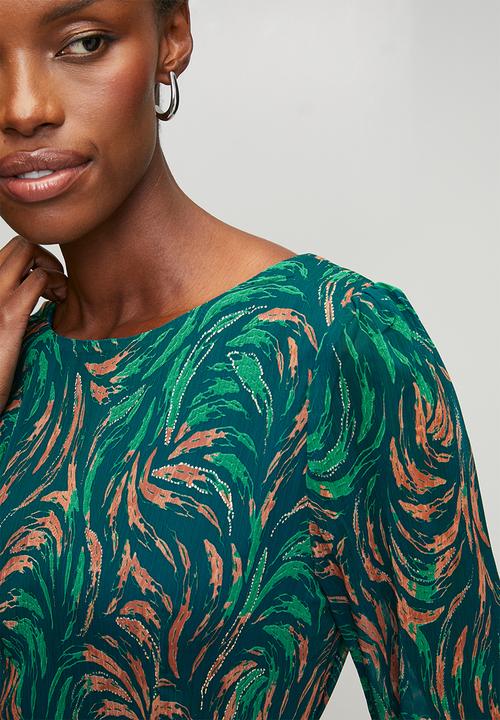 Izabel London - Long sleeve Sheer Printed Maxi Dress - Teal