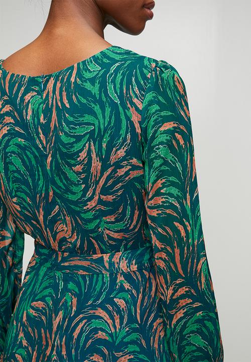 Izabel London - Long sleeve Sheer Printed Maxi Dress - Teal