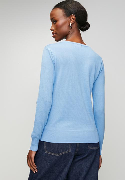 Izabel London - Long sleeve Crew Neck Button Through Cardi - Blue
