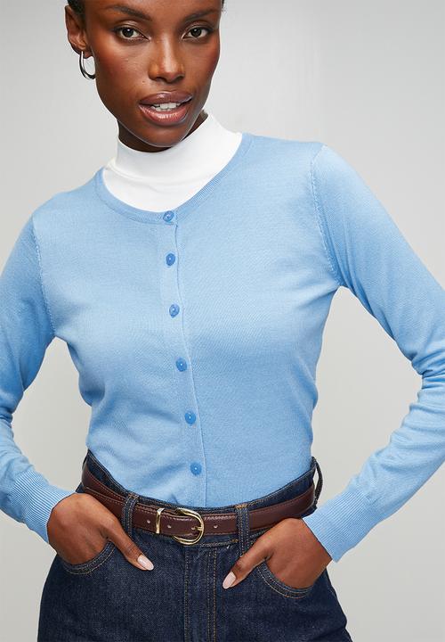 Izabel London - Long sleeve Crew Neck Button Through Cardi - Blue