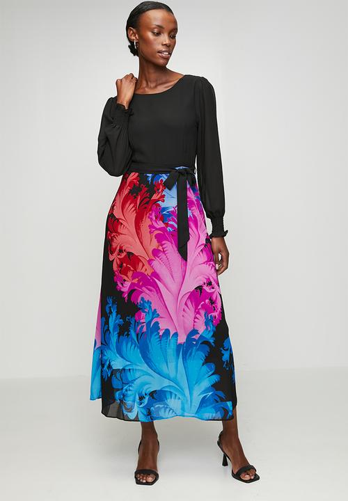Combination Dress Knit Top And Printed Woven Skirt - Multi