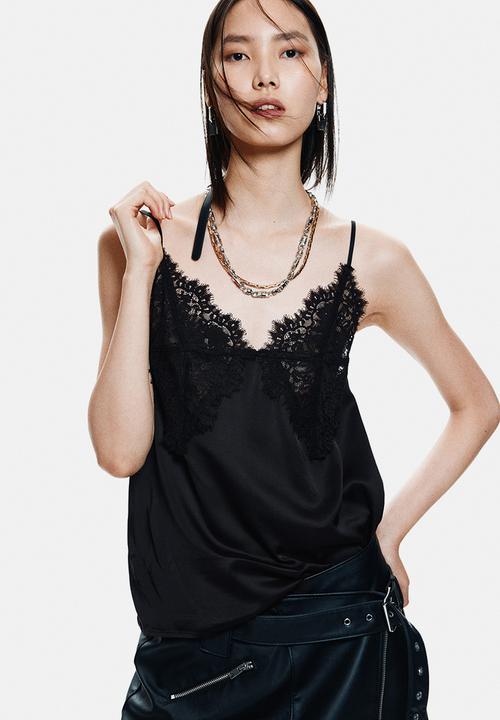 Lace-detail strappy top - black - 1316369001