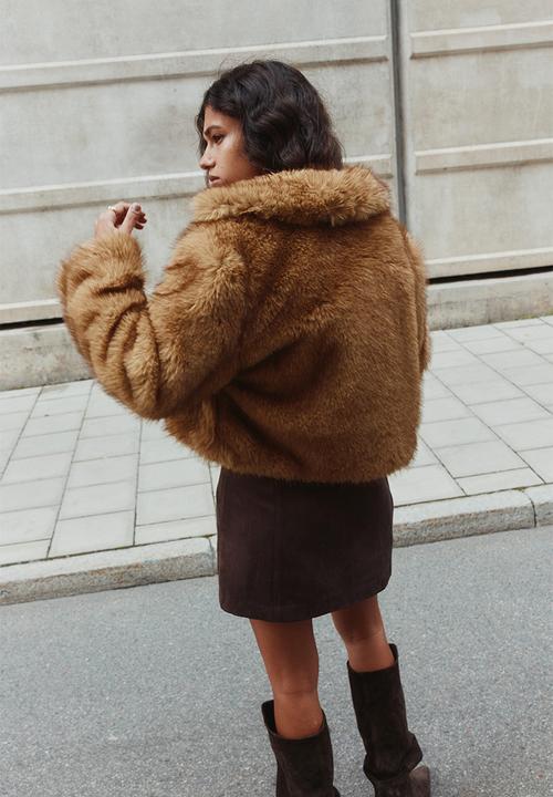 H&M - Cropped fluffy jacket - dark beige