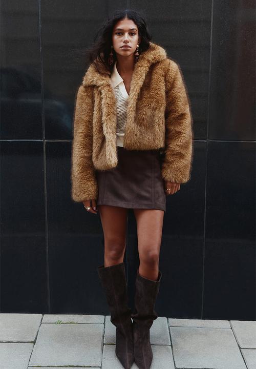 H&M - Cropped fluffy jacket - dark beige