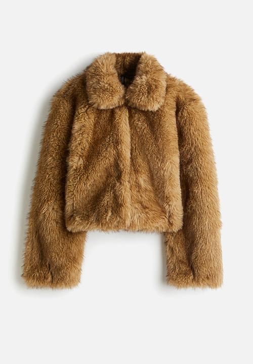 H&M - Cropped fluffy jacket - dark beige