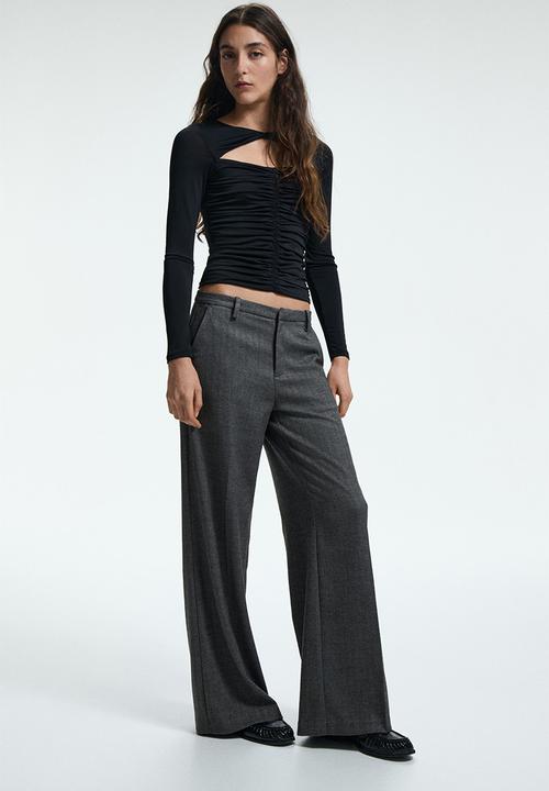 H&M - Wide tailored trousers - dark grey/herringbone pattern