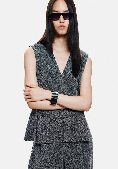 H&M - V-neck top - dark grey/herringbone pattern