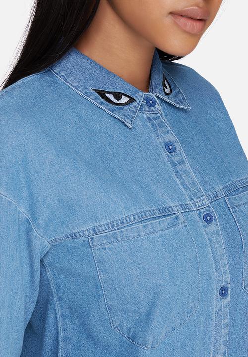 Daisy Street - Longline denim shirt with collar embroidery
