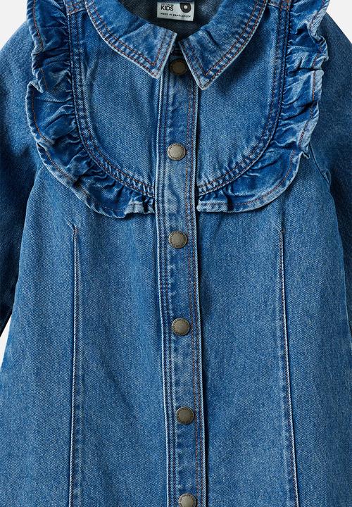 Cotton On - Long Sleeve Denim Ruffle Dress - Blue Haven Mid Blue