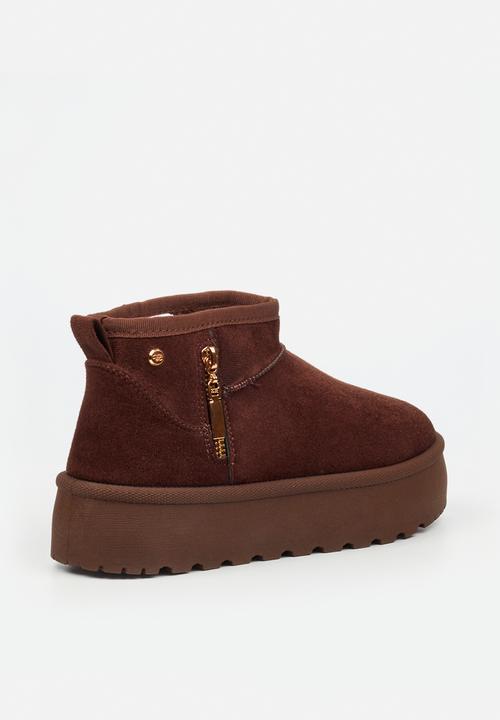 Miss Black - Bae 9 gold zip fur ankle boot - chocolate
