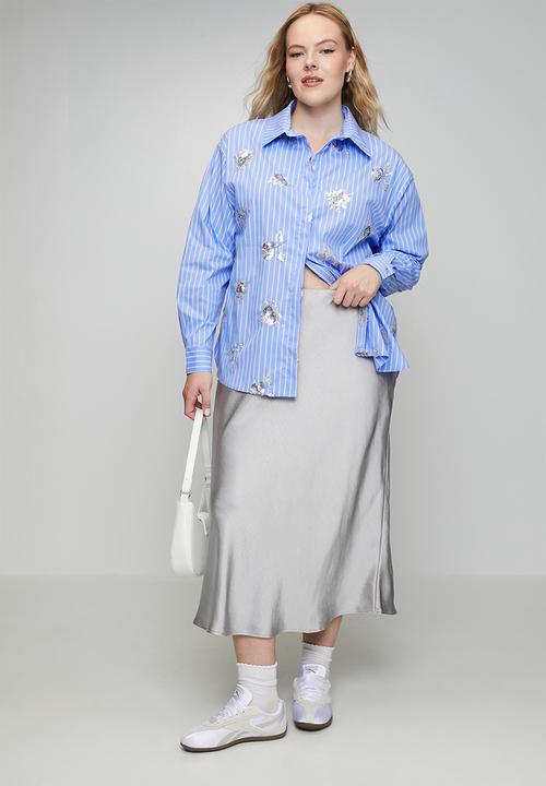 Me&B - Plus Luxe Stripe Sequined Shirt - Blue