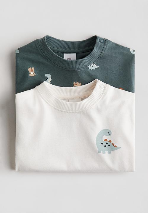 H&M - 2-pack long-sleeved cotton t-shirts - dark green/dinosaurs