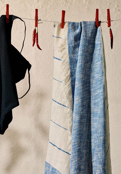 Linen-blend blanket - blue/cream