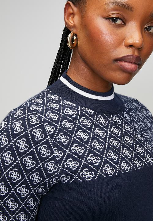 GUESS - Aubrey Mock Neck 4G Sweater - Blue And Cream