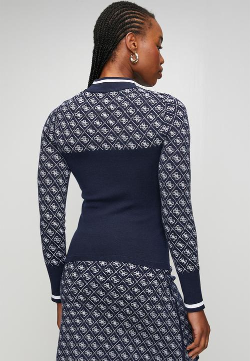 GUESS - Aubrey Mock Neck 4G Sweater - Blue And Cream