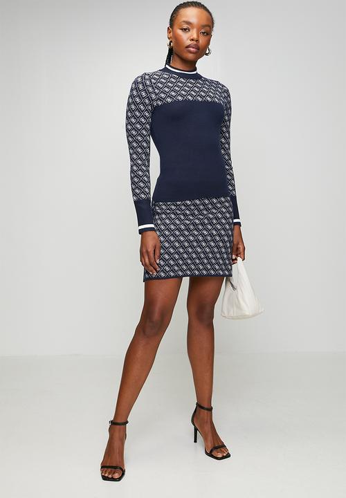 GUESS - Aubrey Mock Neck 4G Sweater - Blue And Cream