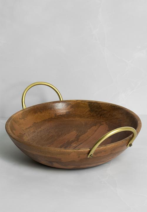 Wooden Serving Bowl with metal handles -Natural