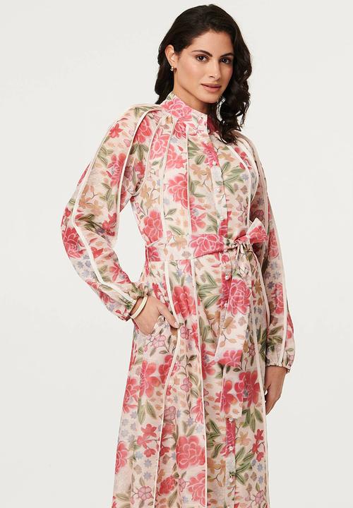 Stella Morgan - L/S Mandarin Collar Button Through Maxi Dress With Binding Throughout - Multi Pink