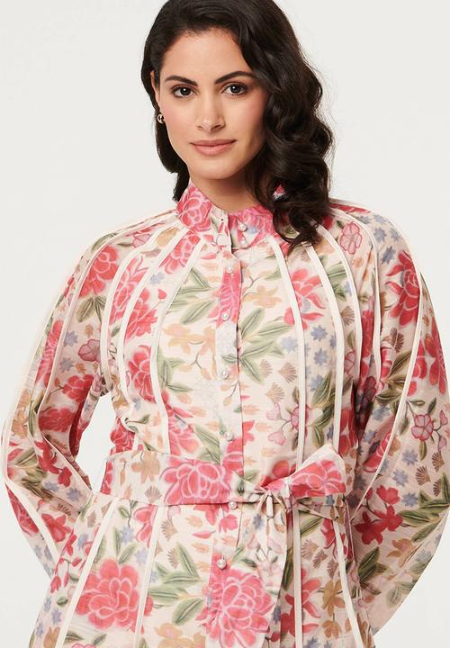 Stella Morgan - L/S Mandarin Collar Button Through Maxi Dress With Binding Throughout - Multi Pink